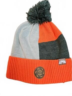 Spacecraft Hat Beanie Knit One Size Orange Gray Pom Mens Ski Outdoor Winter NWOT